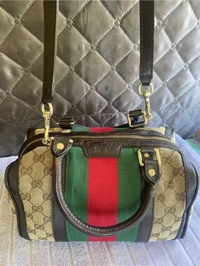 Gucci Vintage Web Boston Bag GG Canvas Crossbody Brown